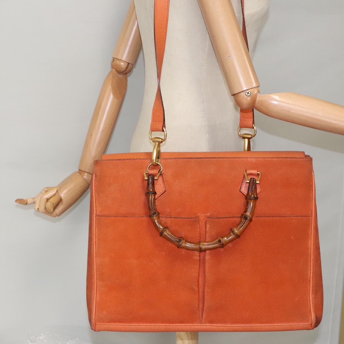 GUCCI Bamboo Hand Bag Suede 2way Orange Gold 002 123 0322 Auth 94808