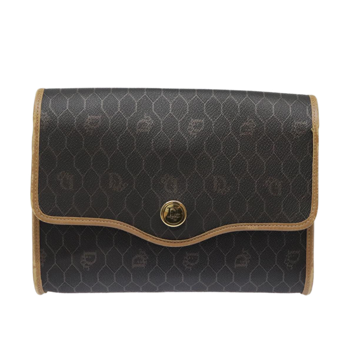 Christian Dior Honeycomb Canvas Shoulder Bag PVC Leather Black Gold Auth 94857