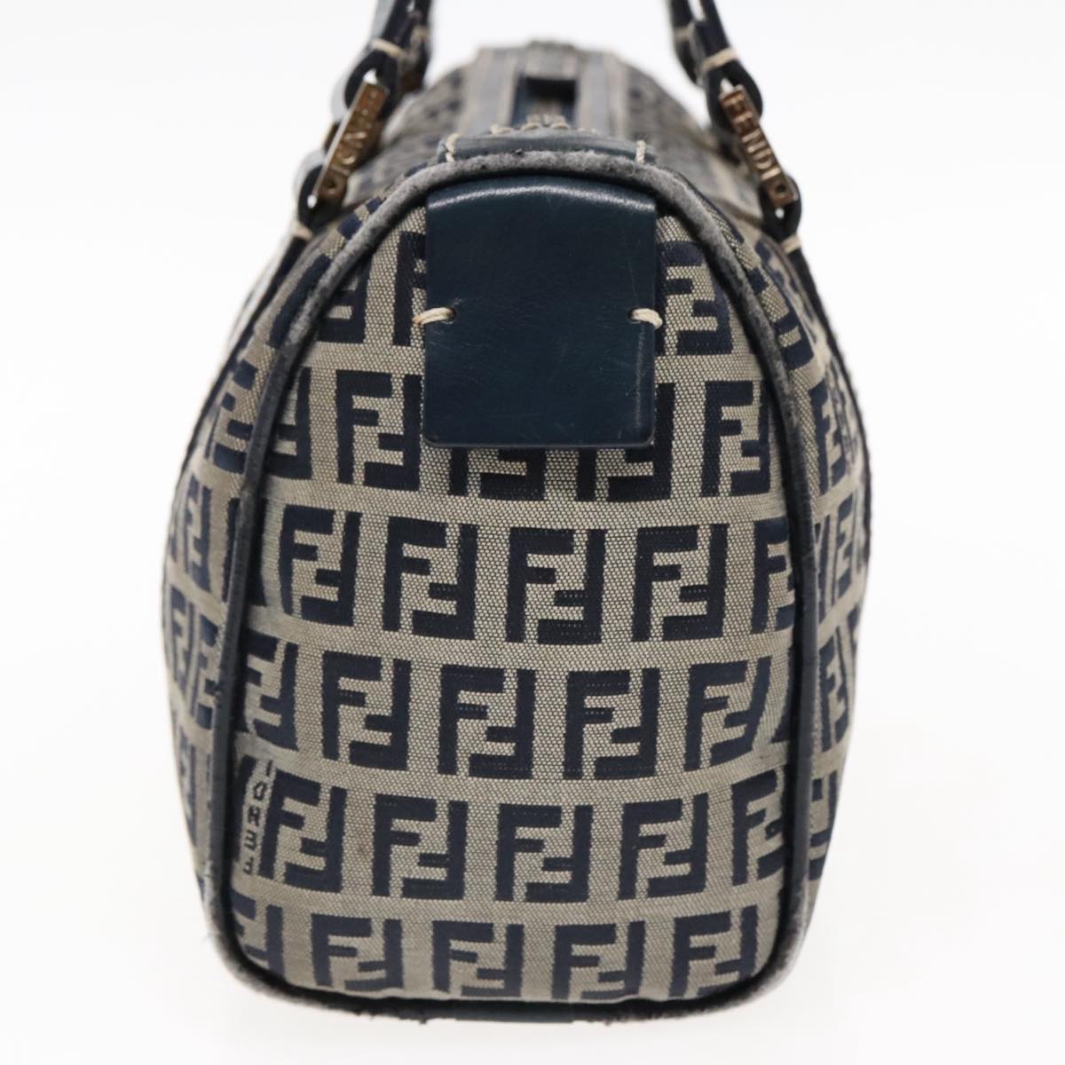 FENDI Zucchino Canvas Hand Bag Navy Silver Auth 94977