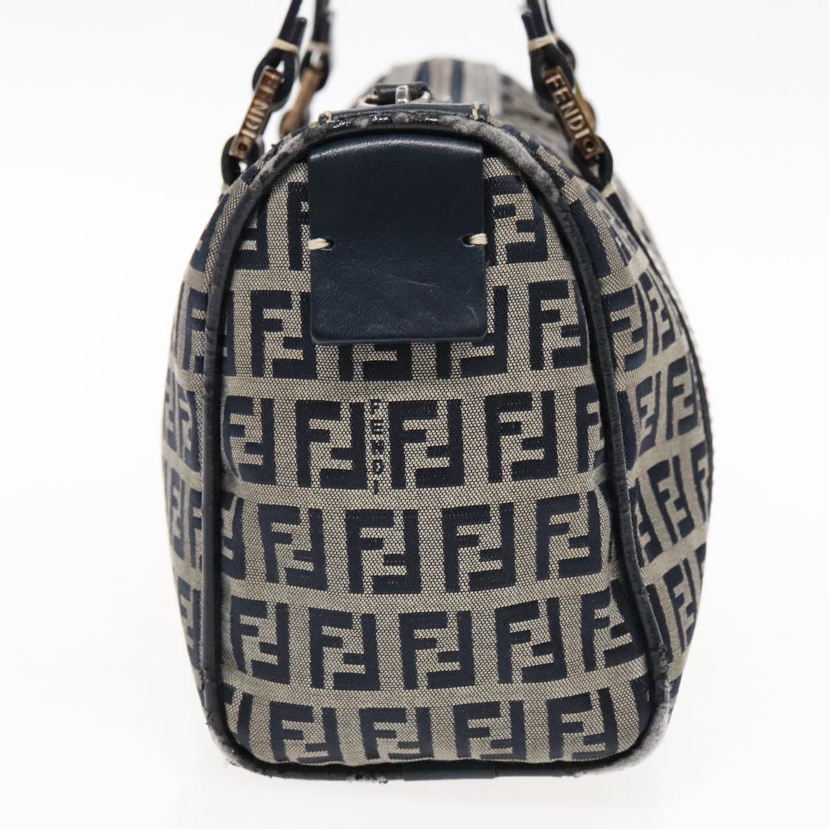 FENDI Zucchino Canvas Hand Bag Navy Silver Auth 94977