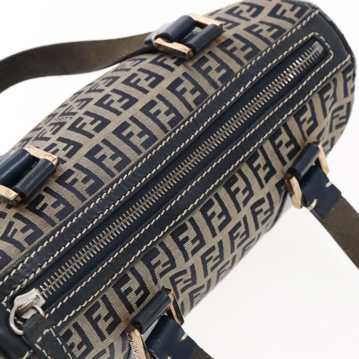 FENDI Zucchino Canvas Hand Bag Navy Silver Auth 94977