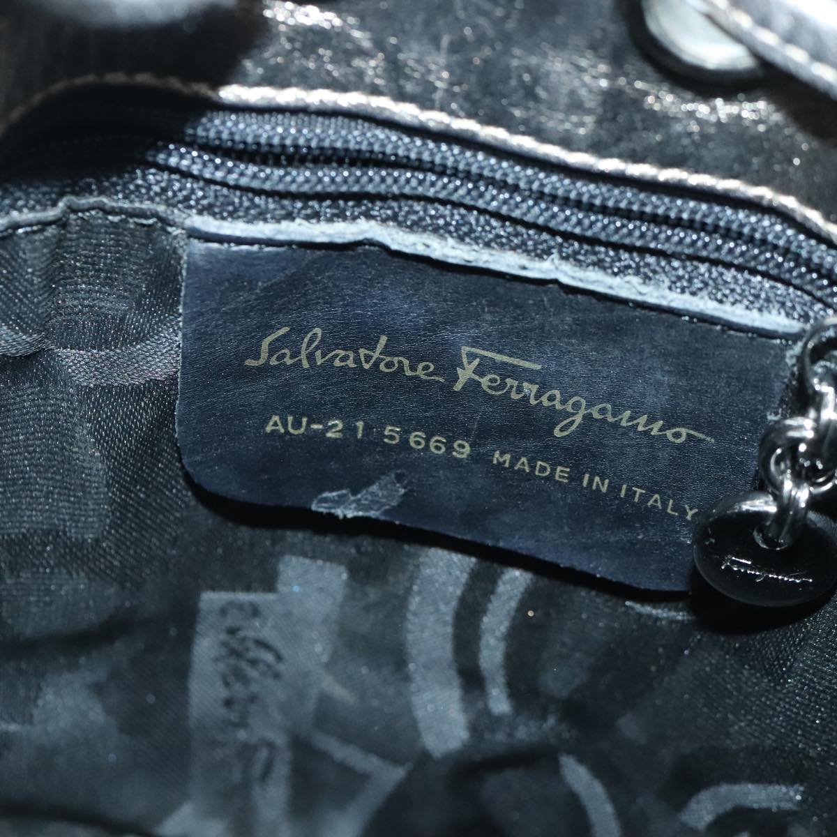 Salvatore Ferragamo Chain Hand Bag Canvas Silver Auth 95158