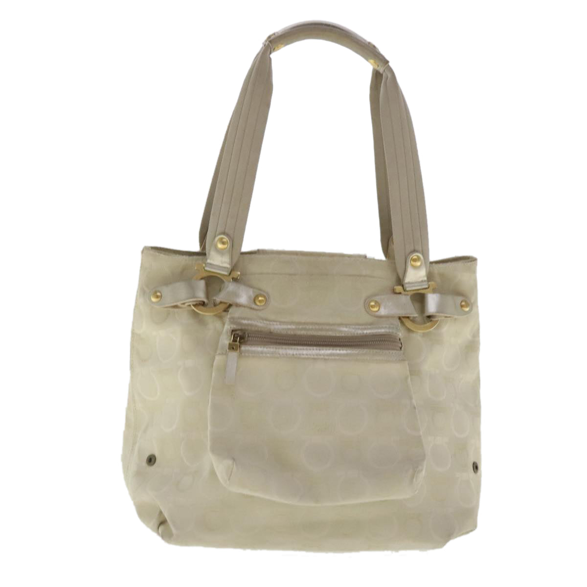 Salvatore Ferragamo Gancini Hand Bag Canvas Beige Gold Auth 95165