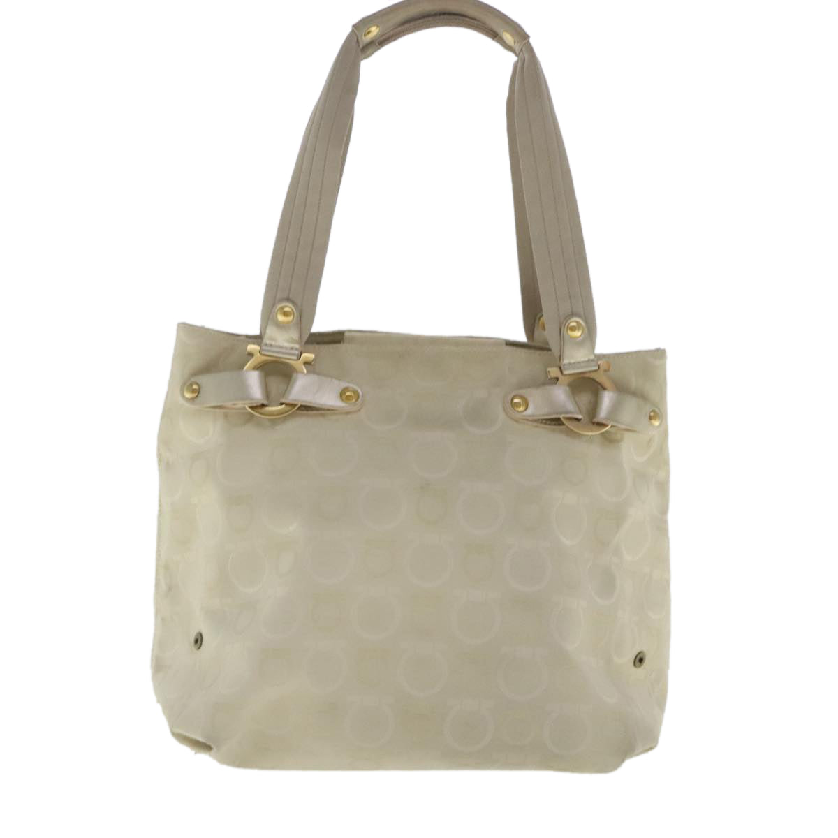 Salvatore Ferragamo Gancini Hand Bag Canvas Beige Gold Auth 95165