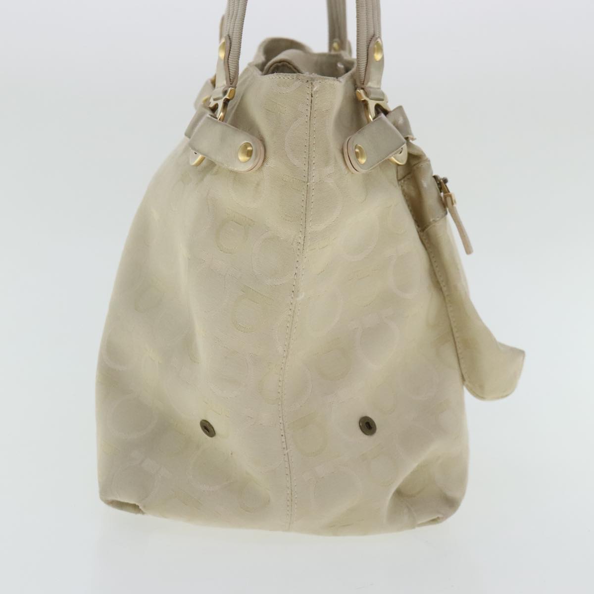 Salvatore Ferragamo Gancini Hand Bag Canvas Beige Gold Auth 95165