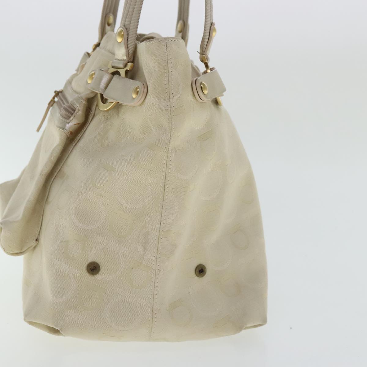 Salvatore Ferragamo Gancini Hand Bag Canvas Beige Gold Auth 95165