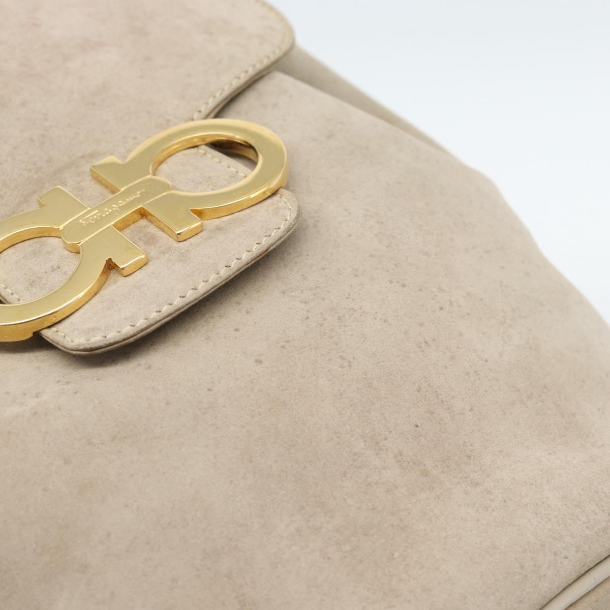 Salvatore Ferragamo Gancini Hand Bag Suede Leather Beige Gold Auth 95348
