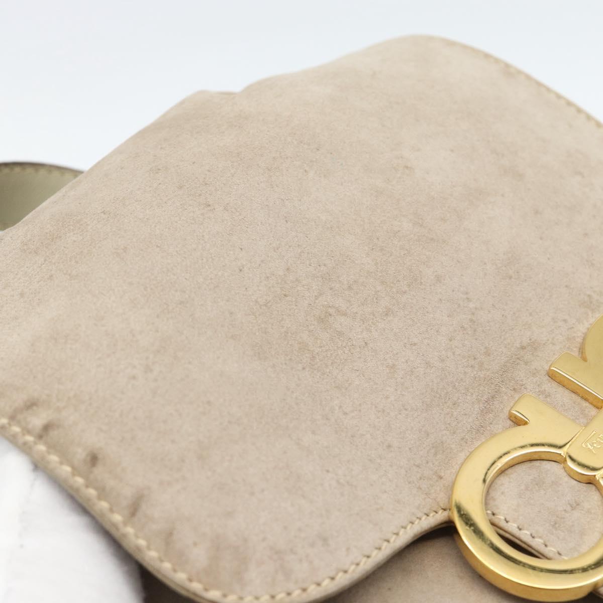 Salvatore Ferragamo Gancini Hand Bag Suede Leather Beige Gold Auth 95348