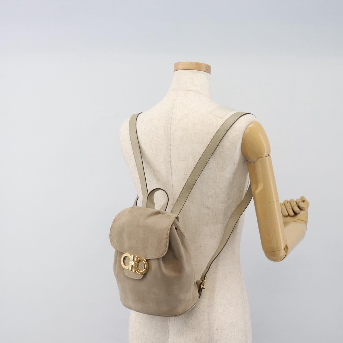 Salvatore Ferragamo Gancini Hand Bag Suede Leather Beige Gold Auth 95348