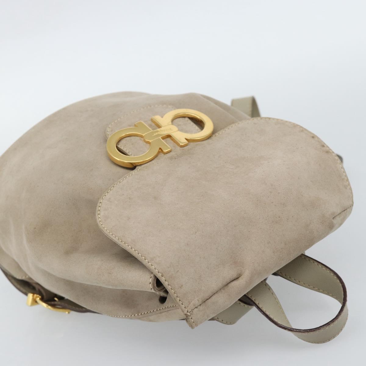 Salvatore Ferragamo Gancini Hand Bag Suede Leather Beige Gold Auth 95348