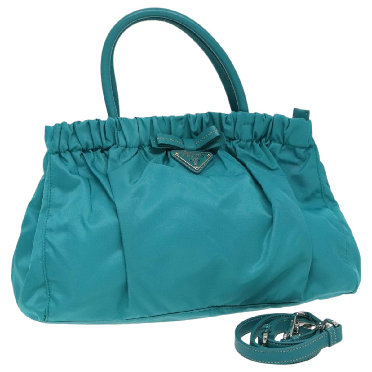 PRADA Hand Bag Nylon 2way Turquoise Blue Silver Auth 95390V