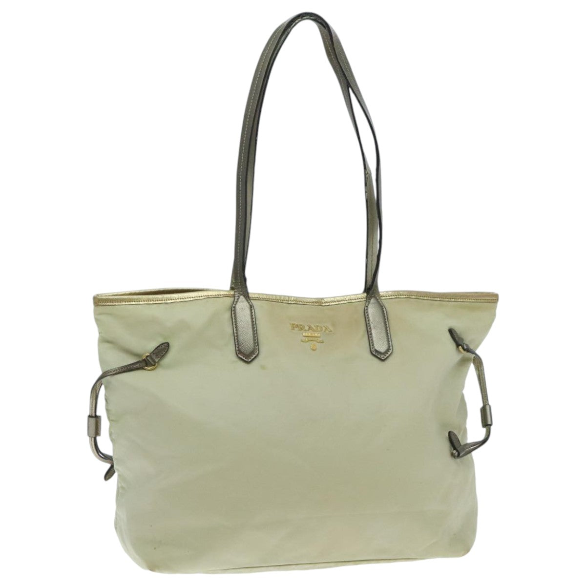 PRADA Tote Bag Nylon Cream Gold Auth 95978