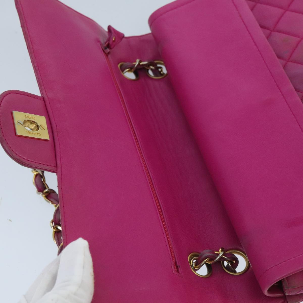 CHANEL Matelasse Chain Shoulder Bag Satin Gold Pink CC Auth 96601