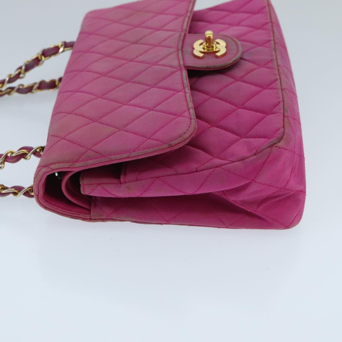 CHANEL Matelasse Chain Shoulder Bag Satin Gold Pink CC Auth 96601
