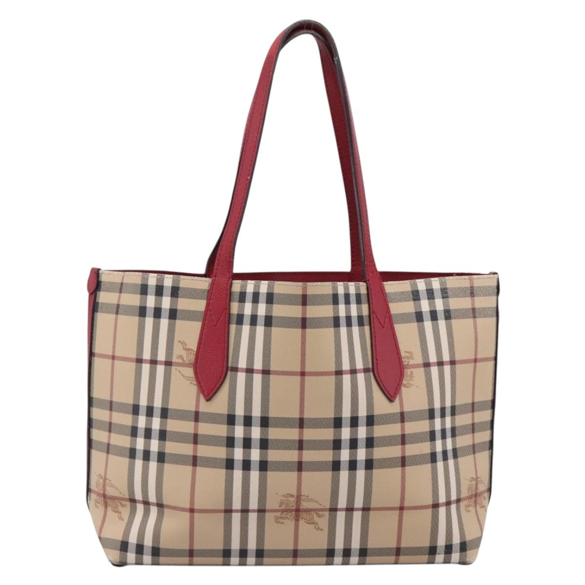 BURBERRY Nova Check Tote Bag Canvas Beige Red Auth 96629