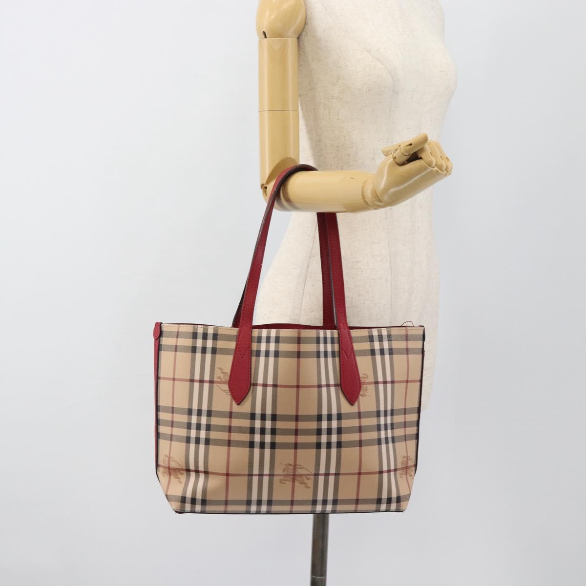 BURBERRY Nova Check Tote Bag Canvas Beige Red Auth 96629