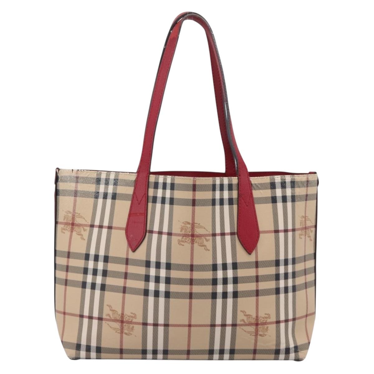 BURBERRY Nova Check Tote Bag Canvas Beige Red Auth 96629