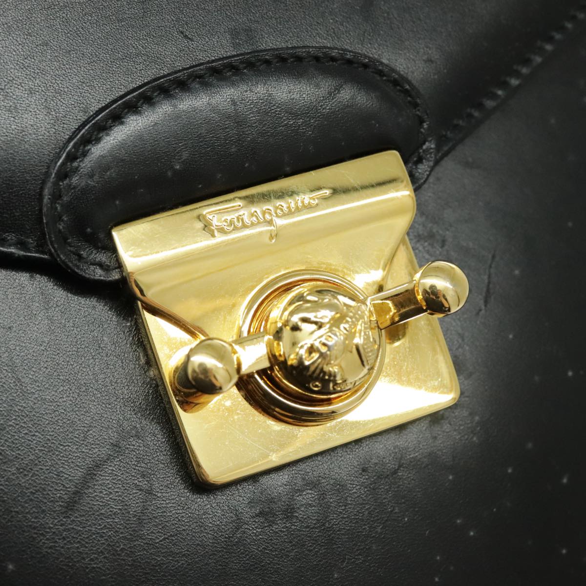 Salvatore Ferragamo Hand Bag Leather Black Gold Auth 96668