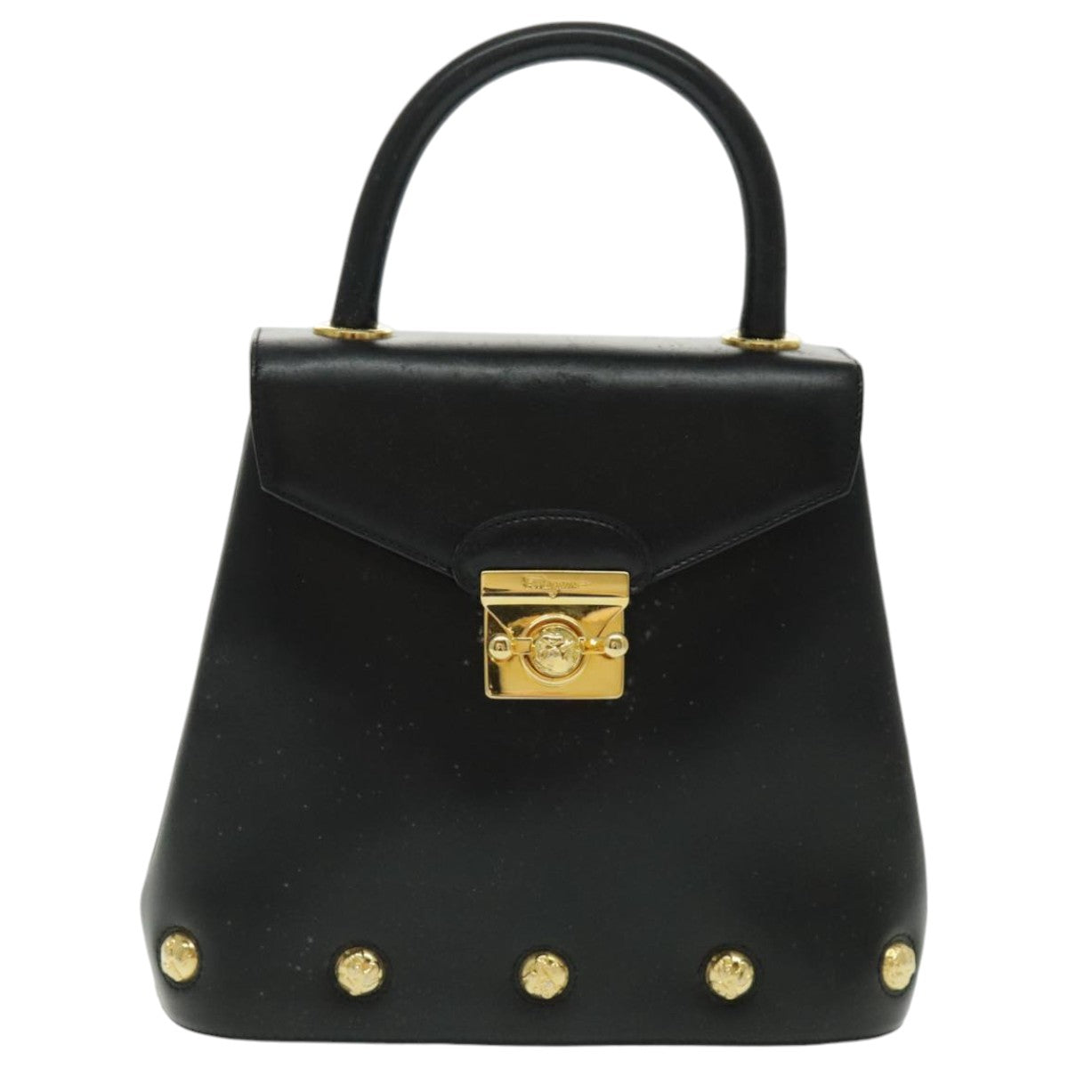 Salvatore Ferragamo Hand Bag Leather Black Gold Auth 96668