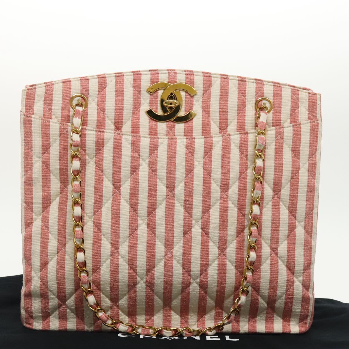 CHANEL Matelasse Chain Shoulder Bag Canvas Gold Pink CC Auth 96691SM