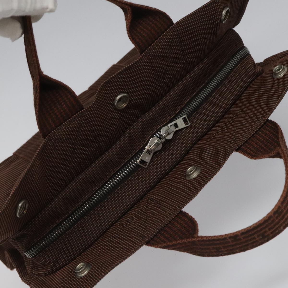 HERMES Her Line PM Tote Bag Canvas Brown Silver Auth 96726