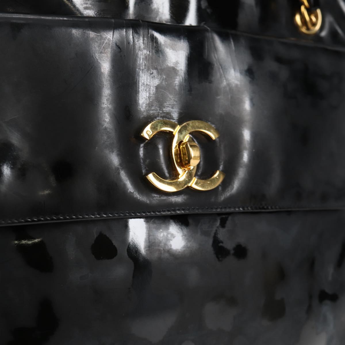 CHANEL Chain Tote Bag Patent leather Black Gold CC Auth 97057