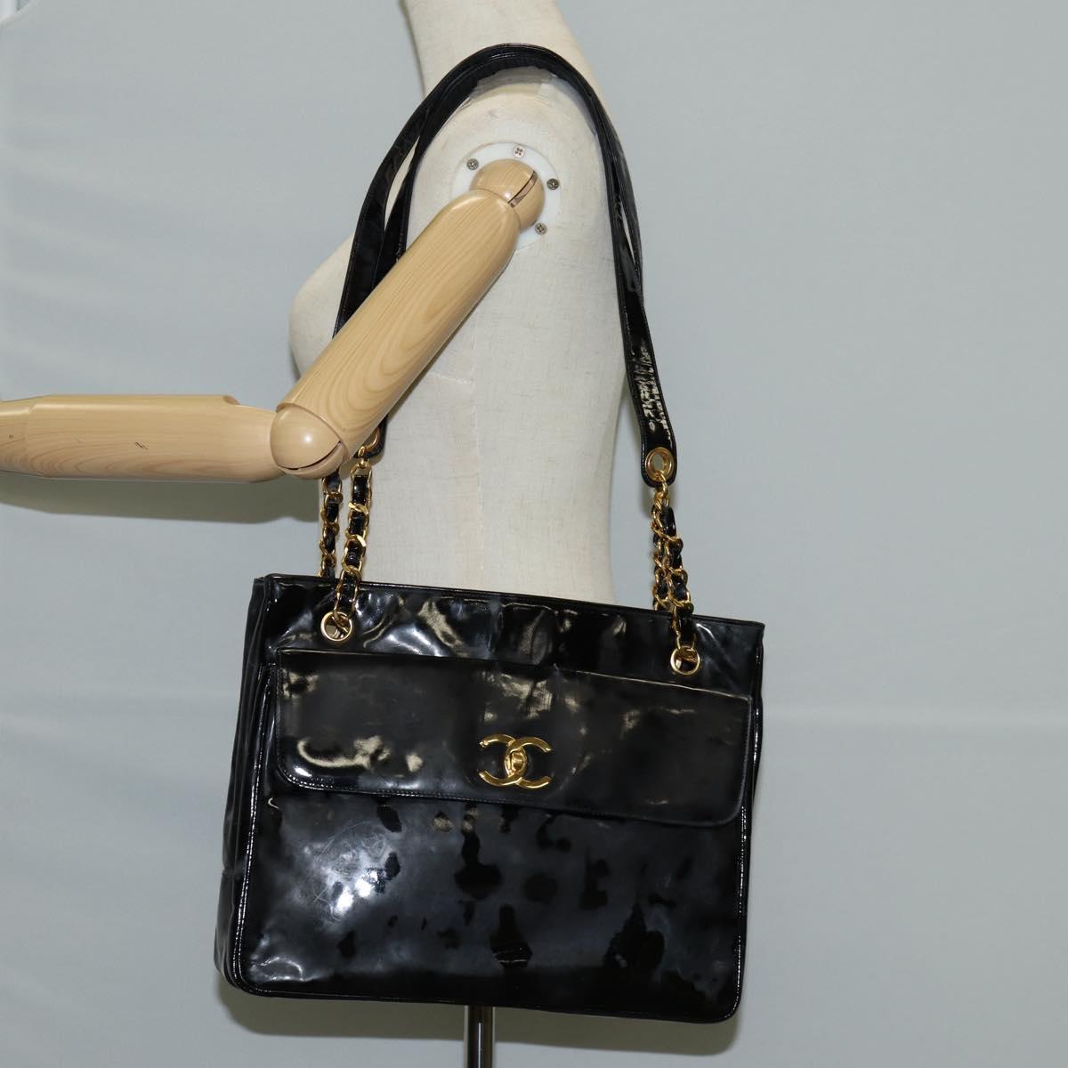CHANEL Chain Tote Bag Patent leather Black Gold CC Auth 97057