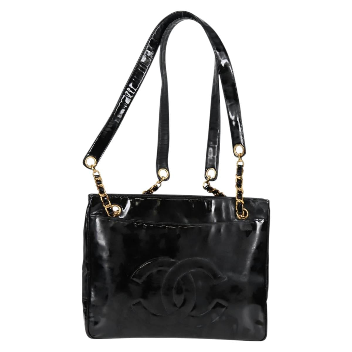 CHANEL Chain Tote Bag Patent leather Black Gold CC Auth 97057