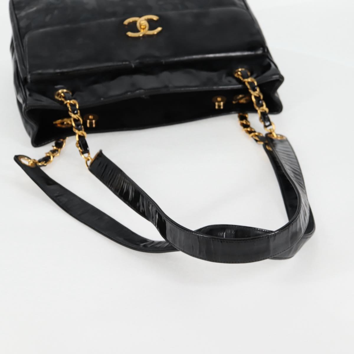 CHANEL Chain Tote Bag Patent leather Black Gold CC Auth 97057