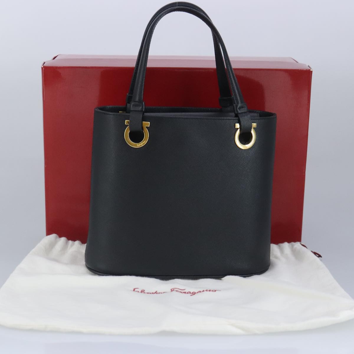 Salvatore Ferragamo Gancini Hand Bag Leather Black Gold Auth 97062AV