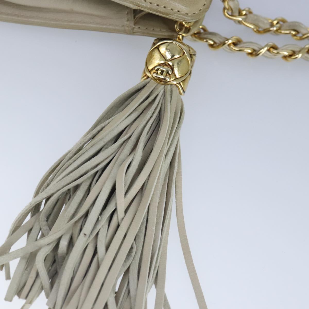 CHANEL Matelasse Chain Shoulder Bag Lamb Skin Beige Gold CC Auth 97457