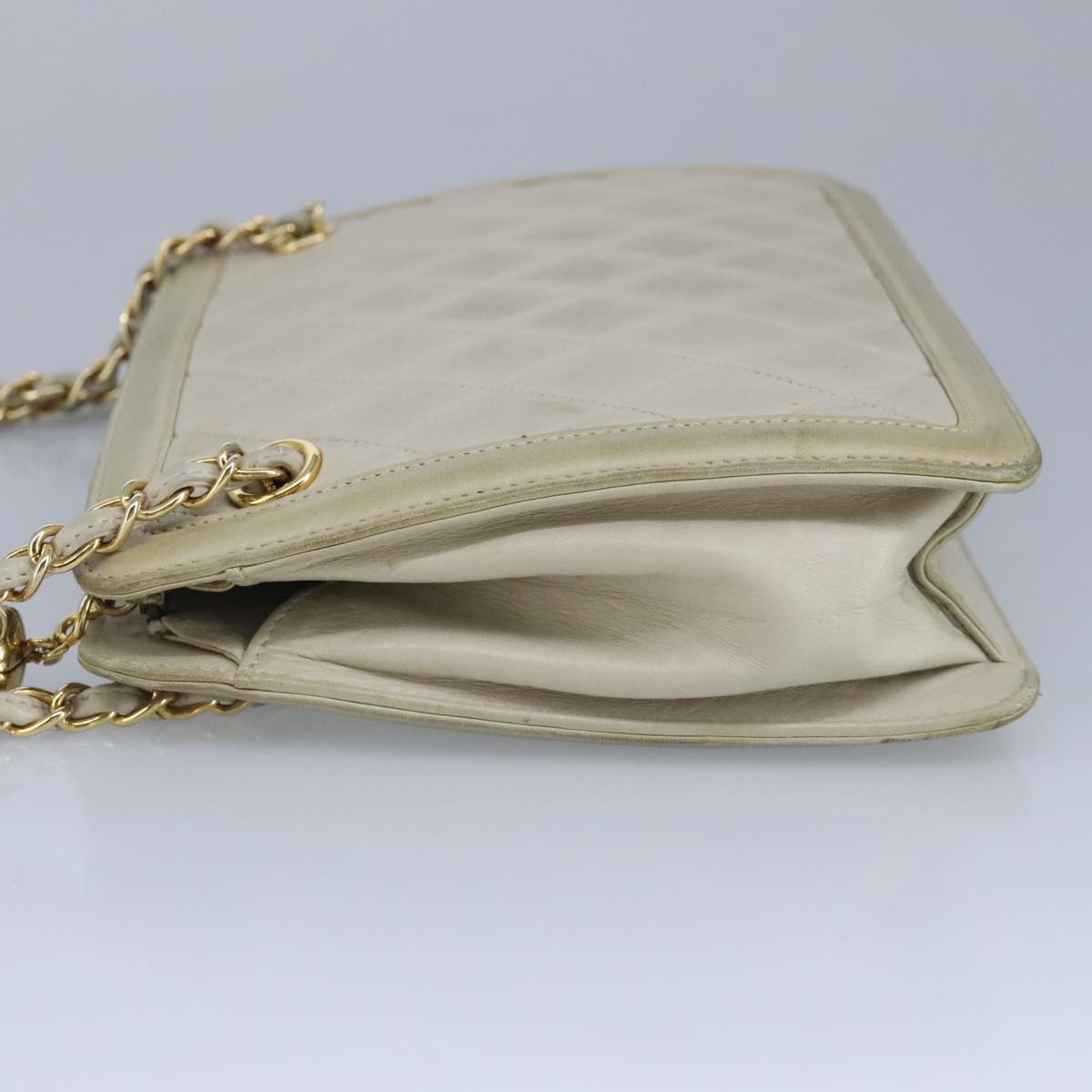 CHANEL Matelasse Chain Shoulder Bag Lamb Skin Beige Gold CC Auth 97457