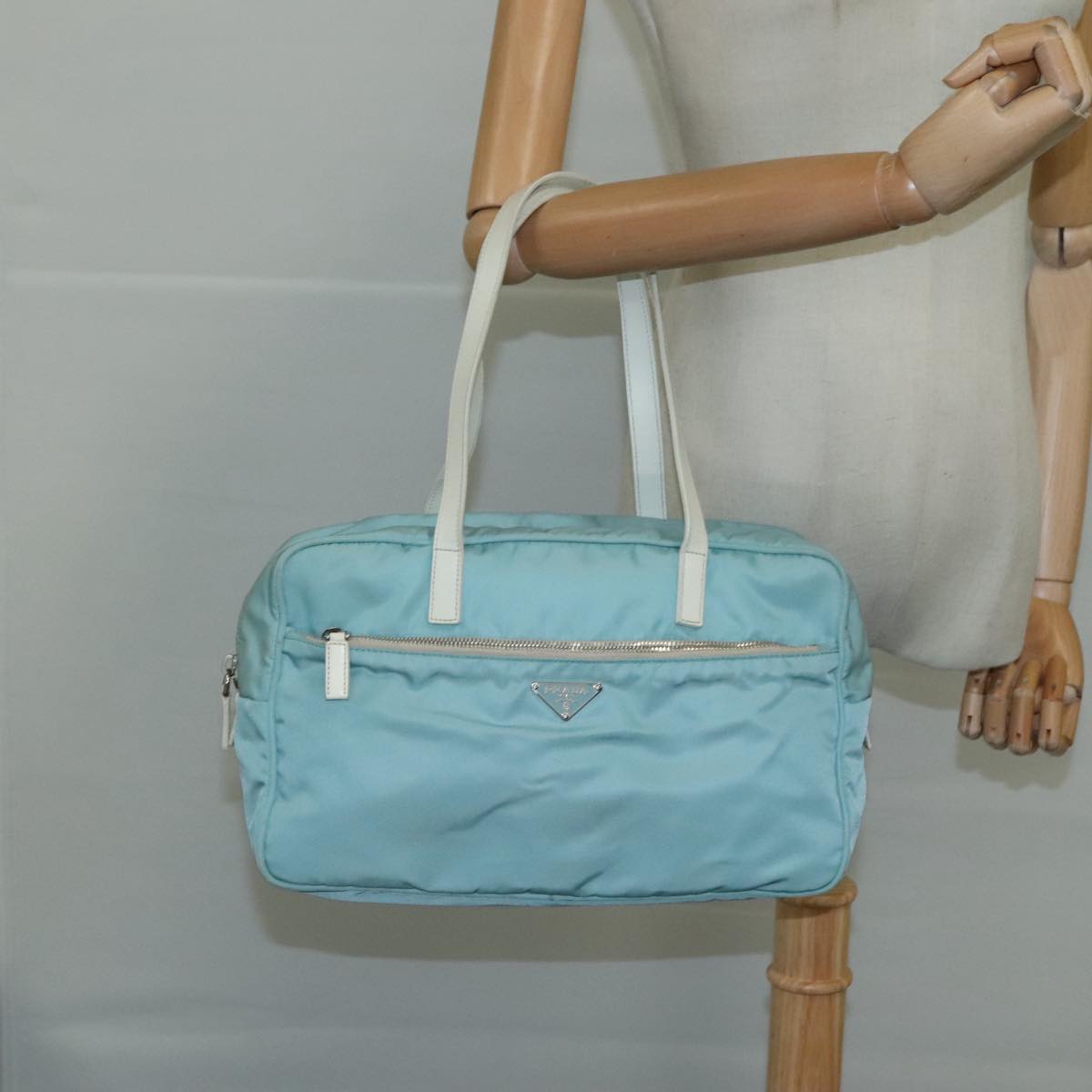PRADA Shoulder Bag Nylon Light Blue Silver Auth 97798V