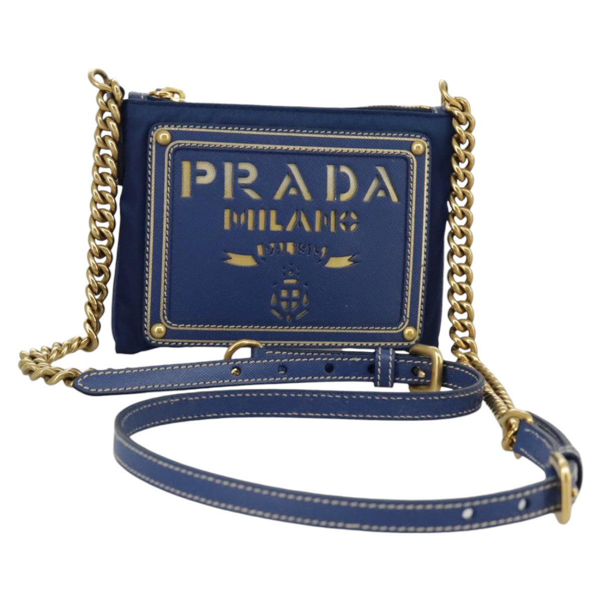 PRADA Chain Accessory Pouch Nylon Blue Gold Auth 98103V