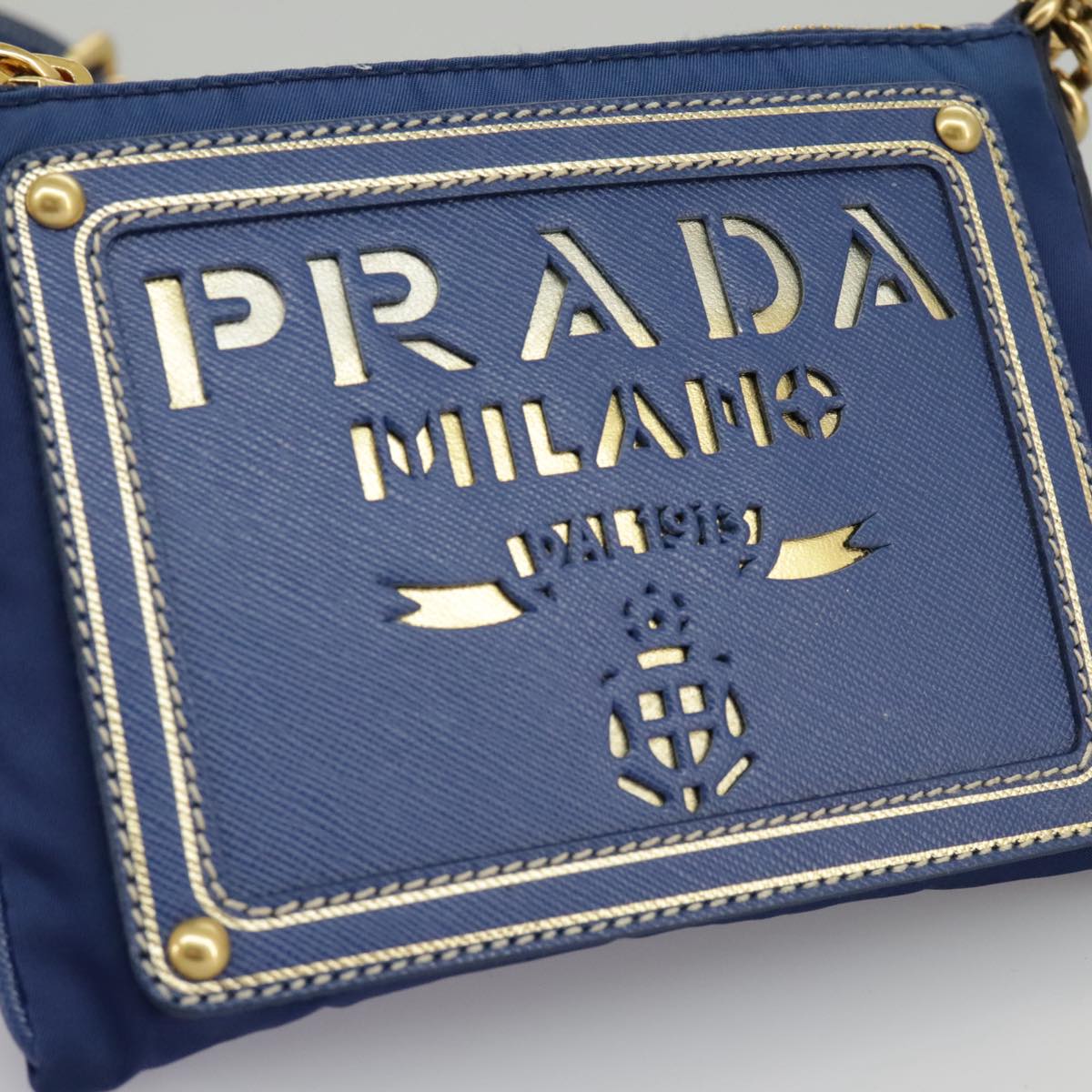 PRADA Chain Accessory Pouch Nylon Blue Gold Auth 98103V