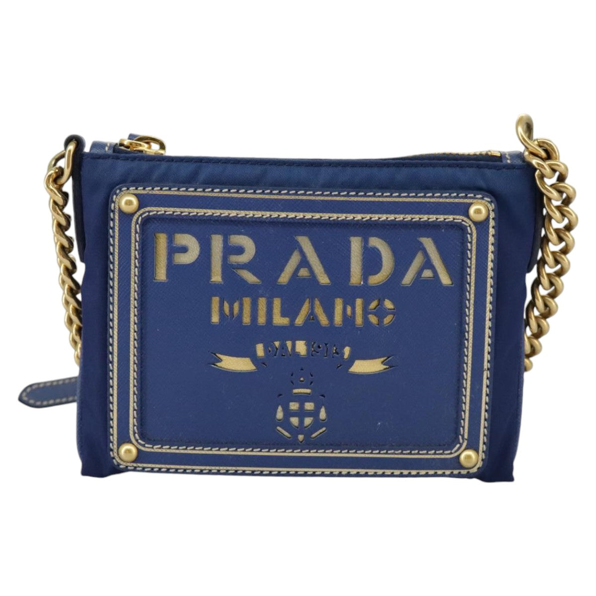 PRADA Chain Accessory Pouch Nylon Blue Gold Auth 98103V