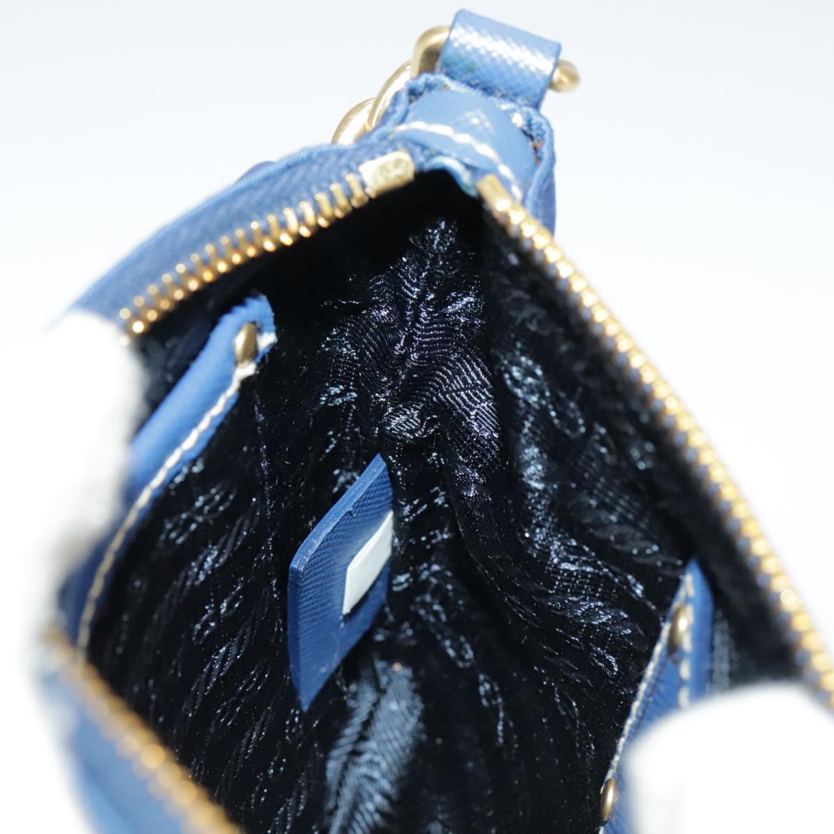 PRADA Chain Accessory Pouch Nylon Blue Gold Auth 98103V