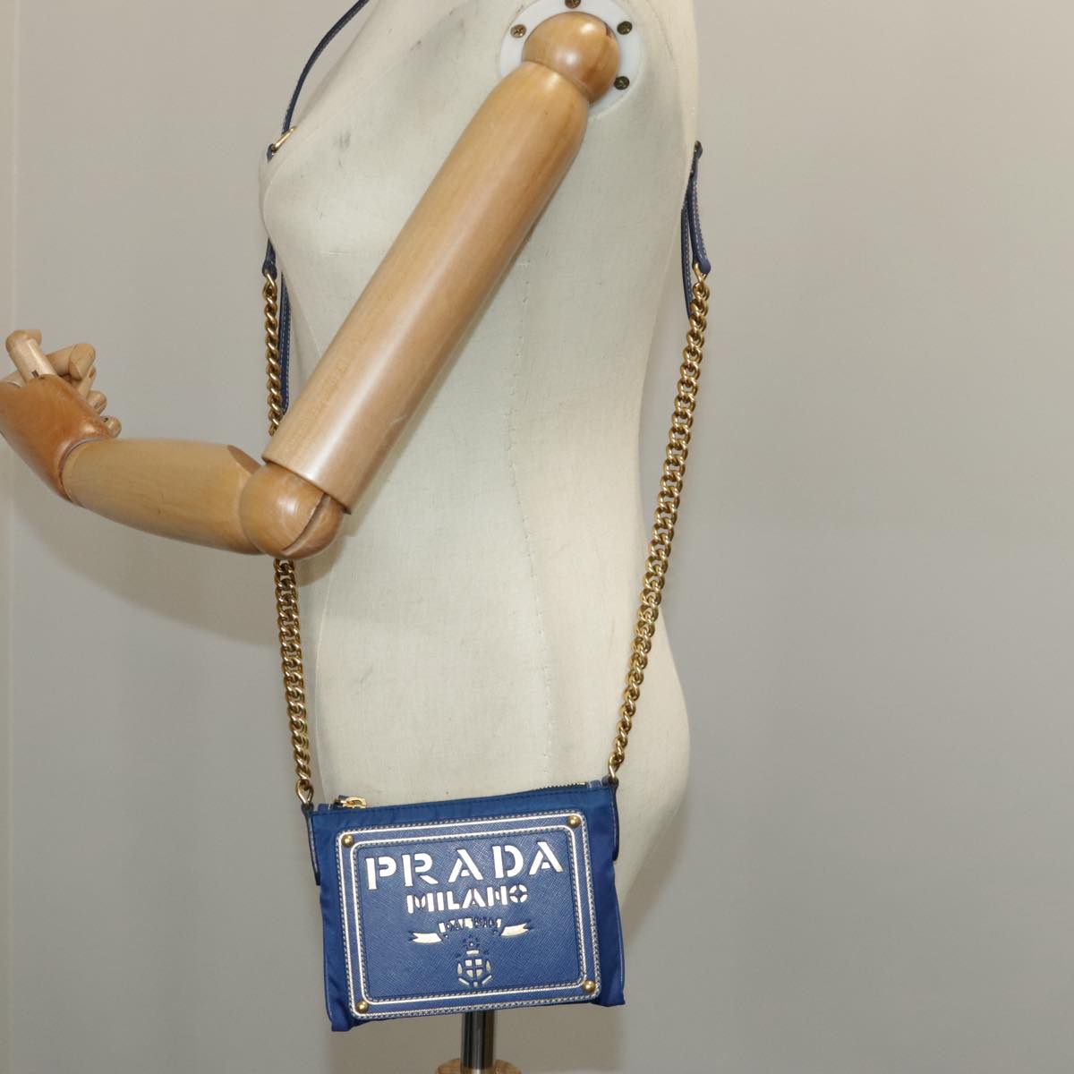 PRADA Chain Accessory Pouch Nylon Blue Gold Auth 98103V