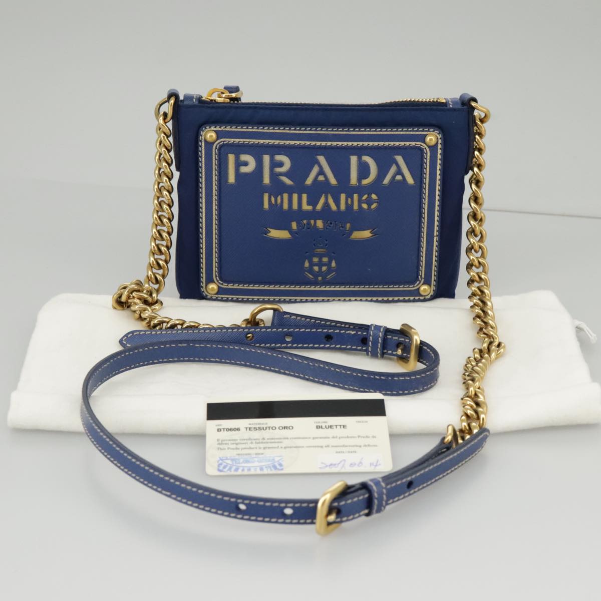 PRADA Chain Accessory Pouch Nylon Blue Gold Auth 98103V