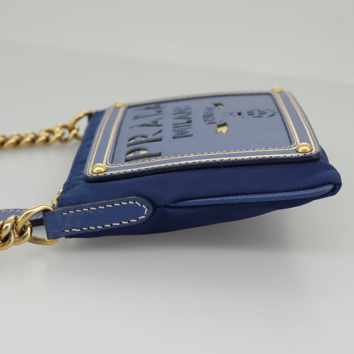PRADA Chain Accessory Pouch Nylon Blue Gold Auth 98103V