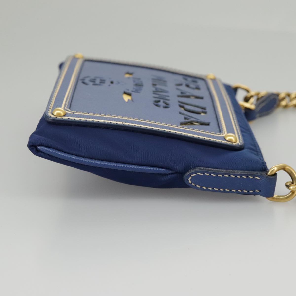 PRADA Chain Accessory Pouch Nylon Blue Gold Auth 98103V
