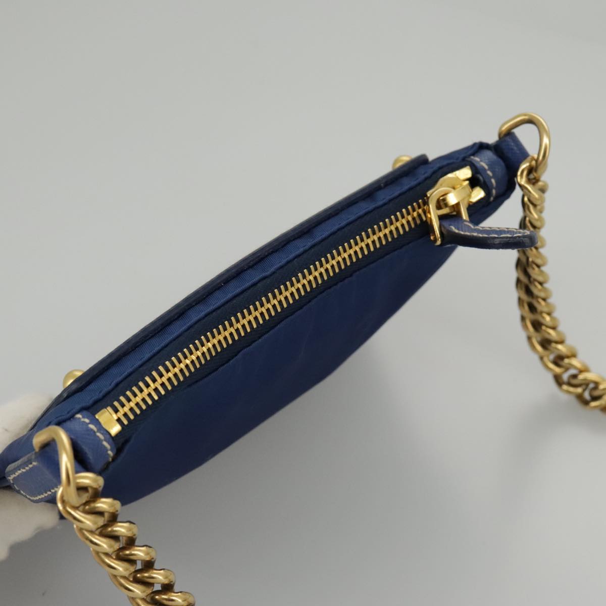 PRADA Chain Accessory Pouch Nylon Blue Gold Auth 98103V