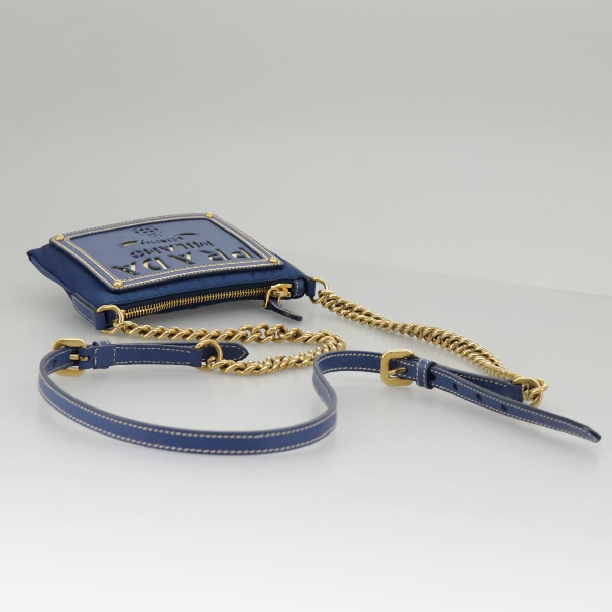 PRADA Chain Accessory Pouch Nylon Blue Gold Auth 98103V