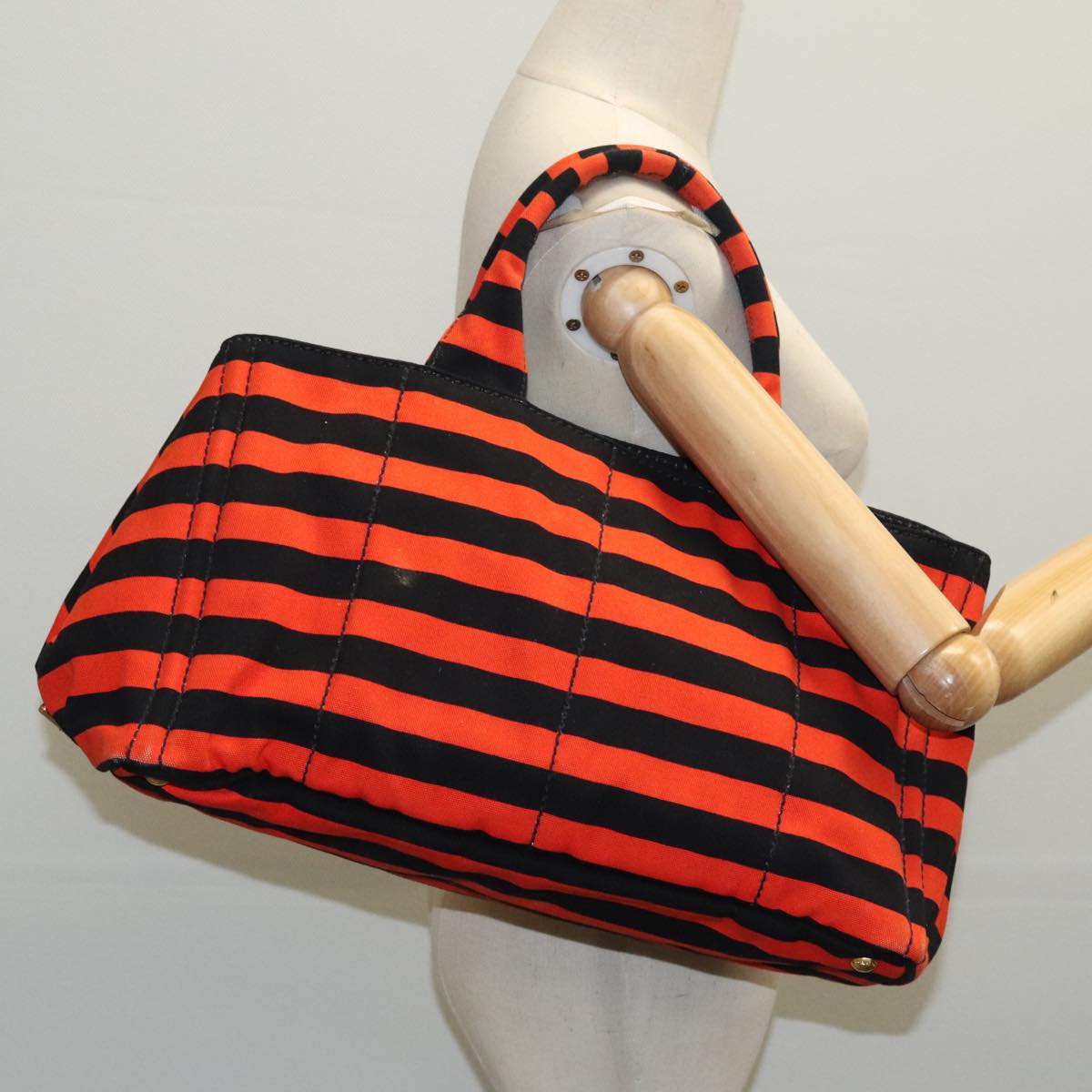 PRADA Canapa GM Hand Bag Canvas Black Orange gold Auth 98112V