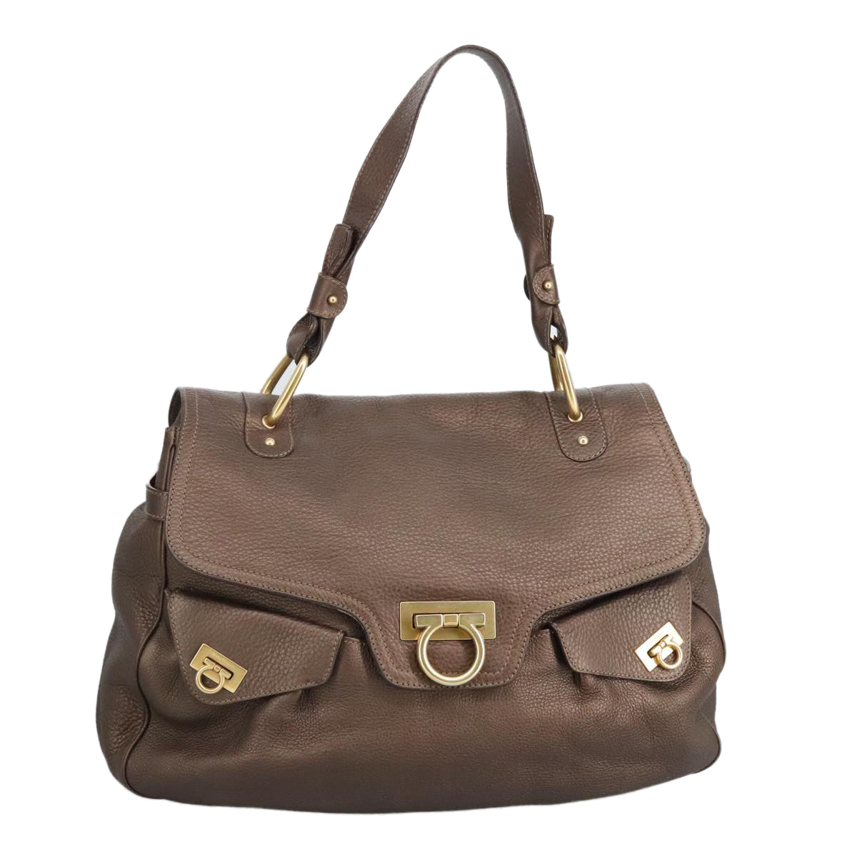 Salvatore Ferragamo Gancini Shoulder Bag Leather Brown Gold Auth 98117A