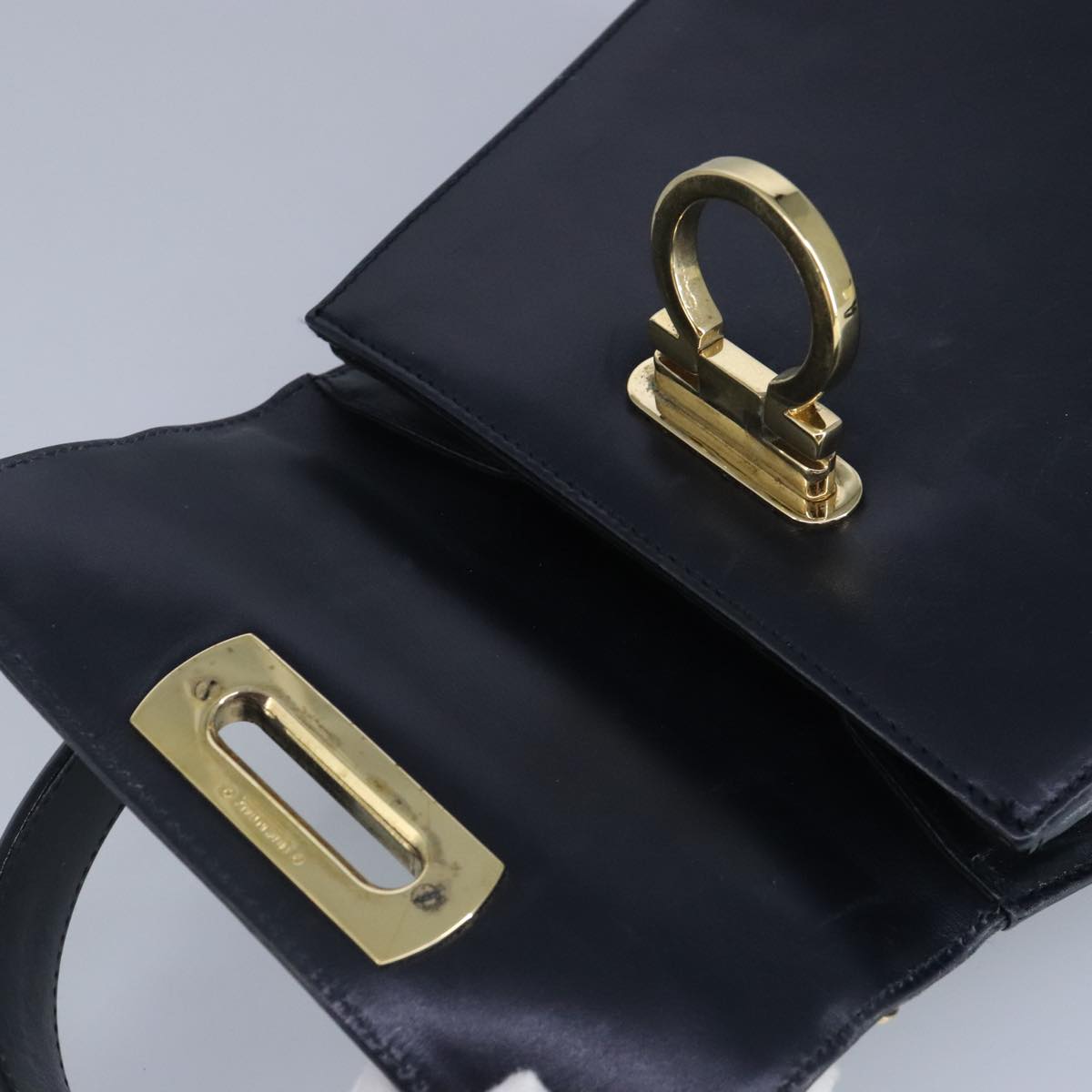 Salvatore Ferragamo Gancini Hand Bag Leather 2way Navy Gold Auth 98122