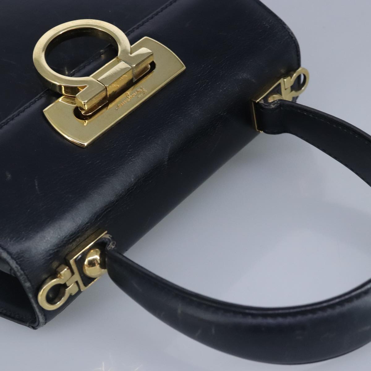 Salvatore Ferragamo Gancini Hand Bag Leather 2way Navy Gold Auth 98122