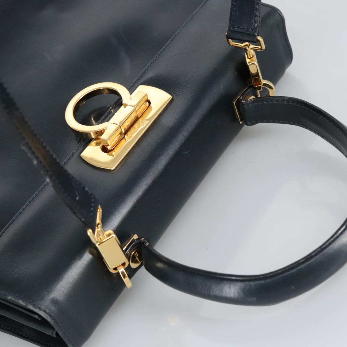 Salvatore Ferragamo Gancini Hand Bag Leather 2way Navy Gold Auth 98125