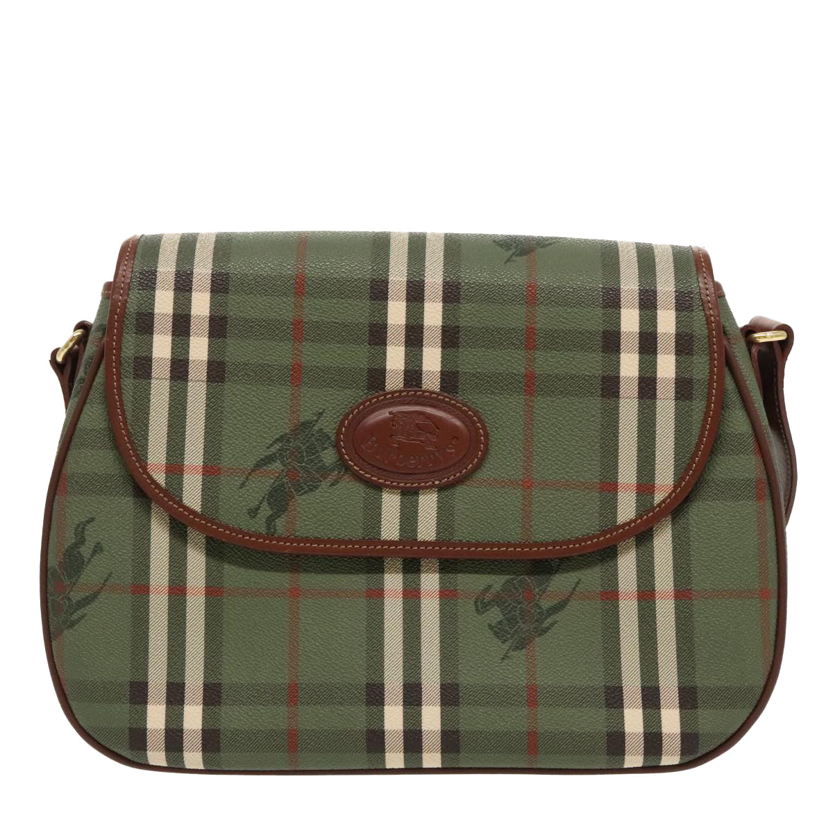 Burberrys Nova Check Shoulder Bag PVC Leather Green Gold Auth 98800V