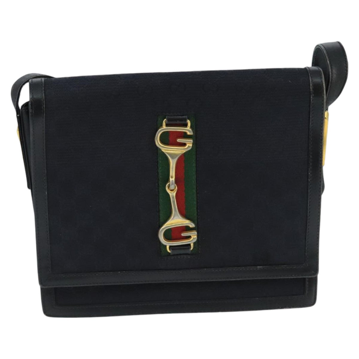 GUCCI GG Canvas Web Sherry Line Horsebit Shoulder Bag Black Red Green Auth 98979